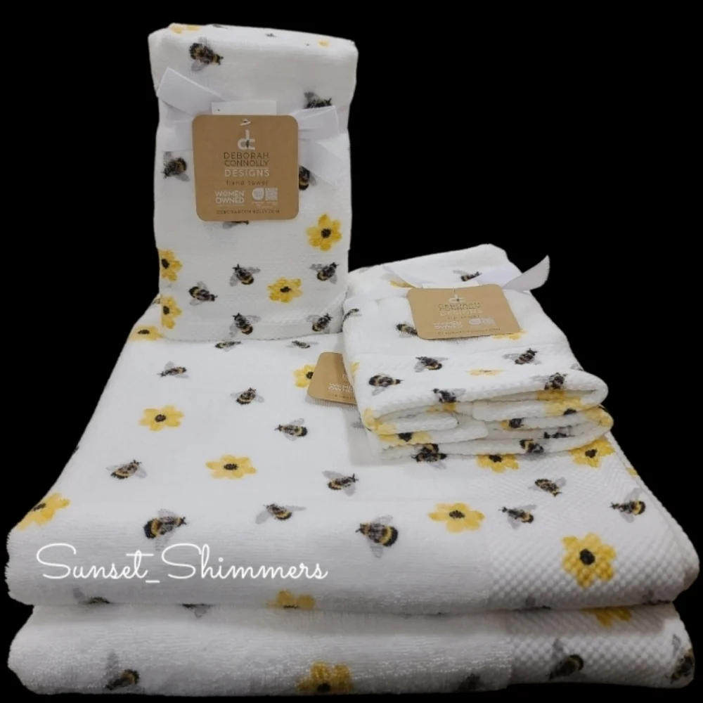 6pc Bath Hand Tip Towels Deborah Connolly Honey Bee Flowers Waffle Weave New